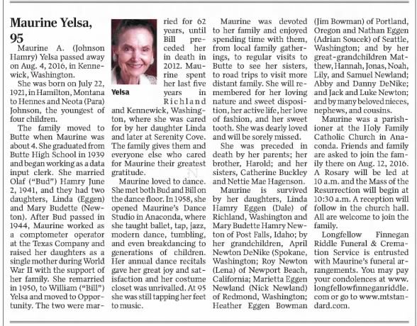 Eggen Family Tree - Maurine Yelsa - 2016 - Obituary